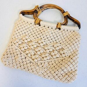 1960s Vintage Macrame Knit Wood Handle Bag